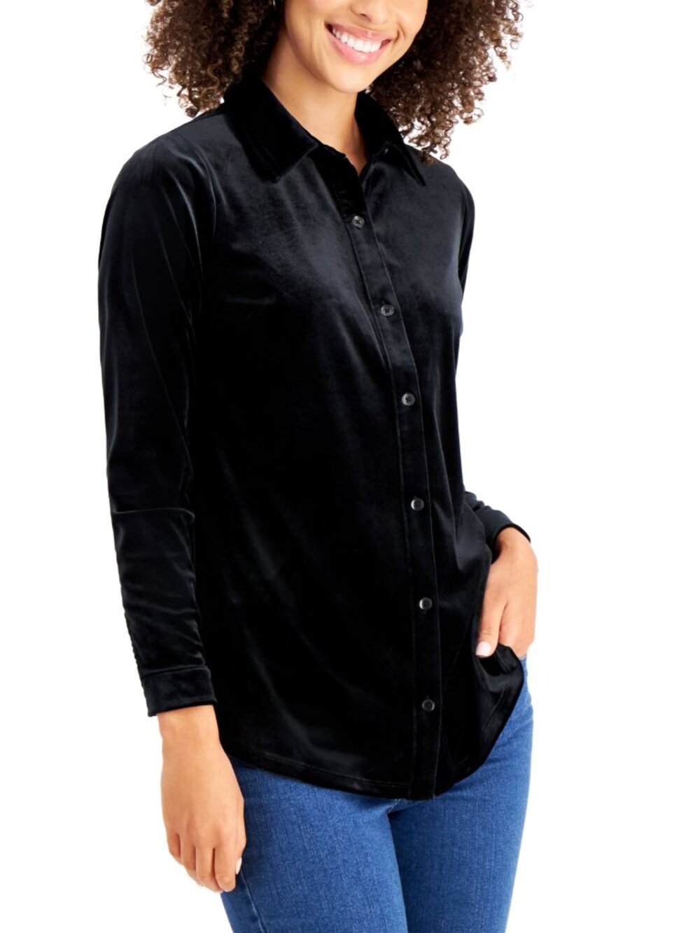 NWT Charter Club Womens Size Small Black Stretch Velour Button-Down Shirt NEW